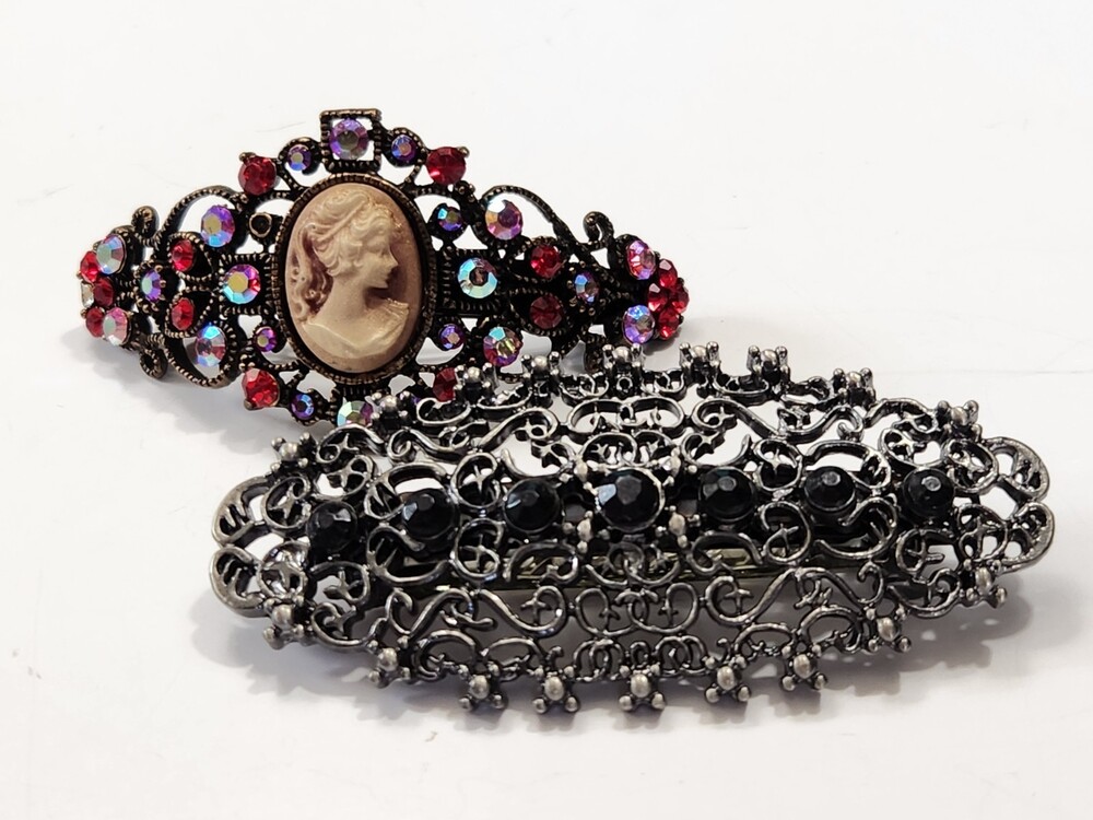Pr of Art Deco/Victorian Style Hair Clips Filigree Scrollwork Rhinestones Cameo